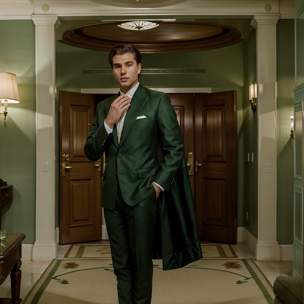 The character is standing in the living room, seeing off the guests, Brown hair, Mid-Sea Appearance, handsome male, elegant pose, in a green suit, The surroundings exude tranquility and luxury, ( Old Money Style Image),ultra realistic,portrait,candid