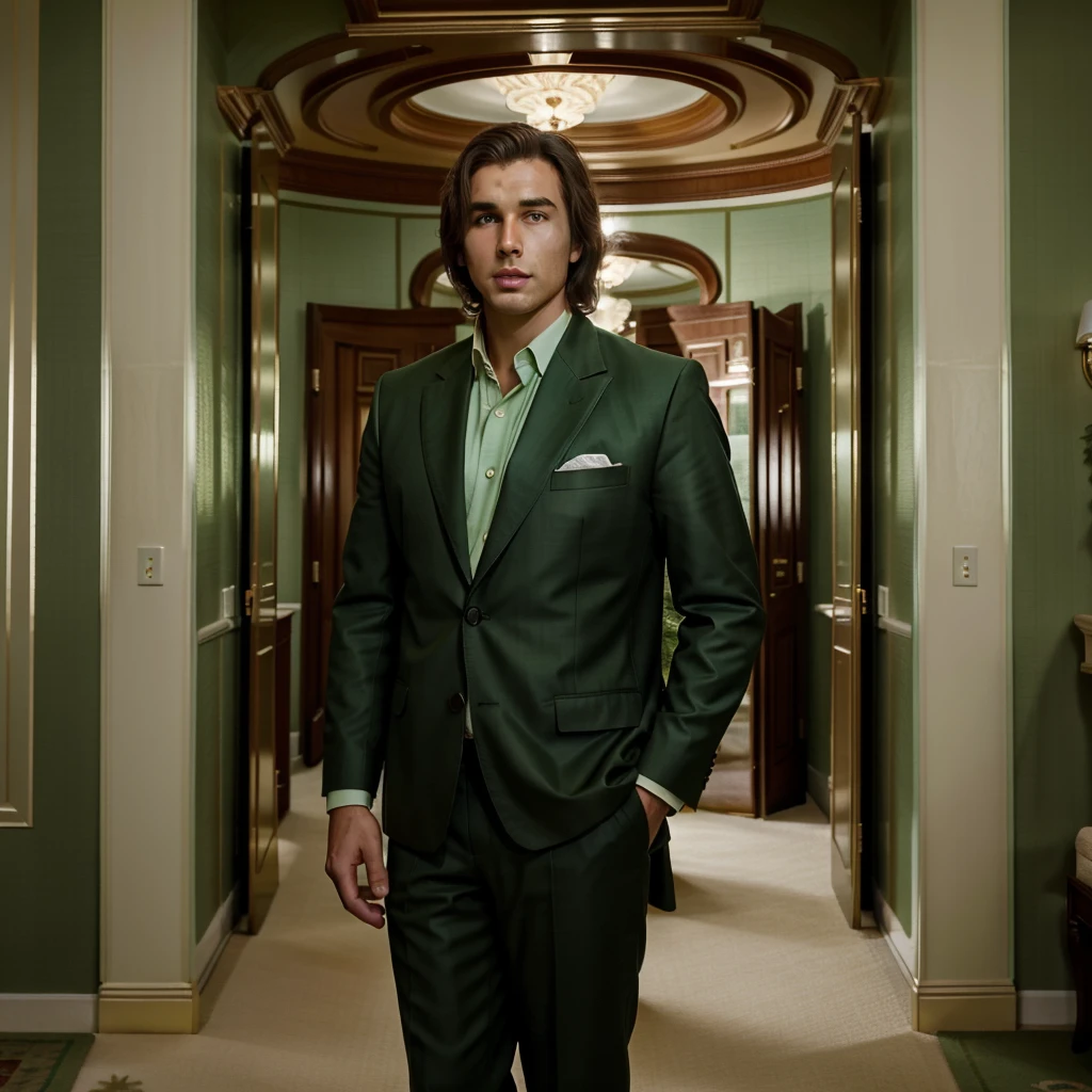 The character is standing in the living room, seeing off the guests, Brown hair, Mid-Sea Appearance, handsome male, elegant pose, in a green suit, The surroundings exude tranquility and luxury, ( Old Money Style Image),ultra realistic,portrait,candid