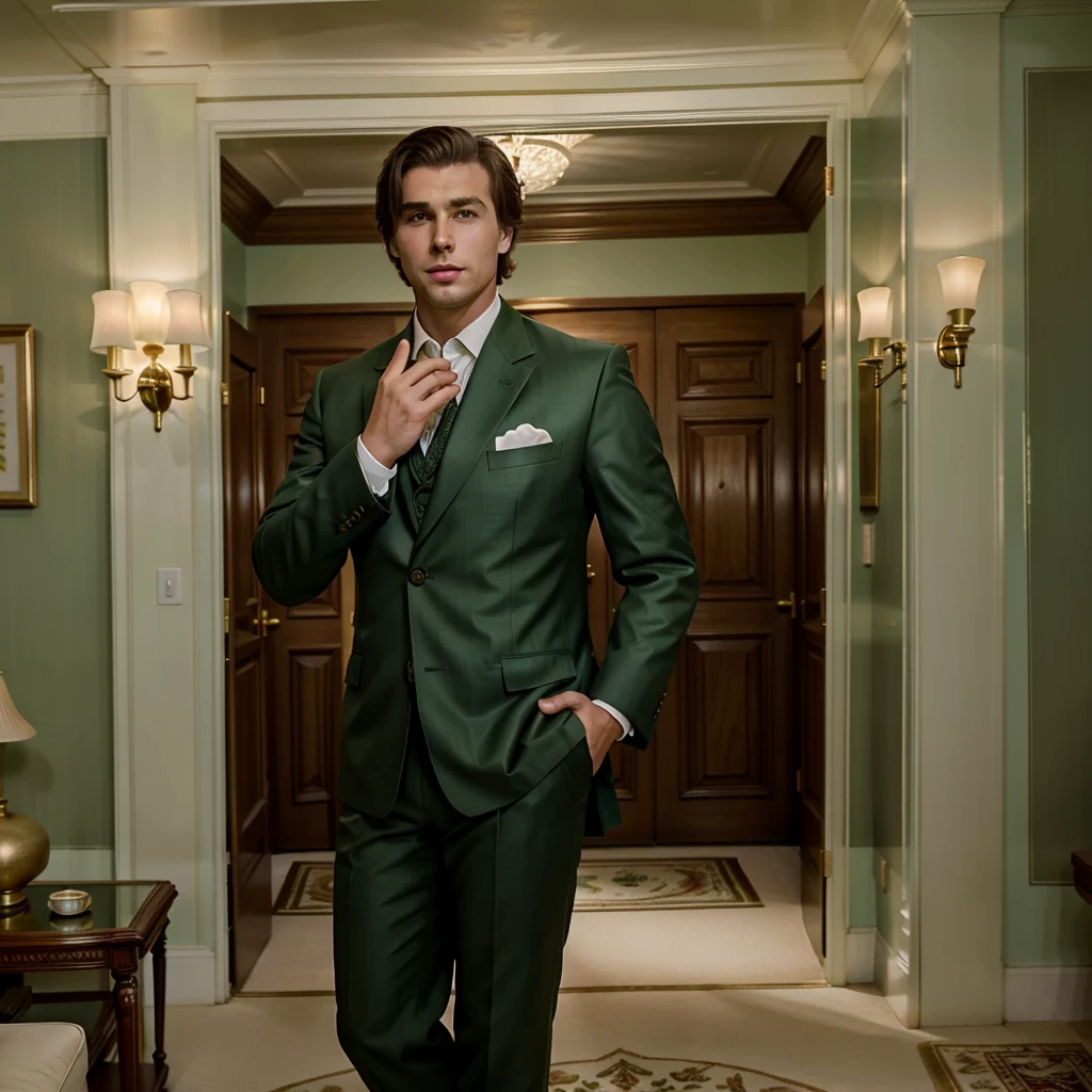 The character is standing in the living room, seeing off the guests, Brown hair, Mid-Sea Appearance, handsome male, elegant pose, in a green suit, The surroundings exude tranquility and luxury, ( Old Money Style Image),ultra realistic,portrait,candid