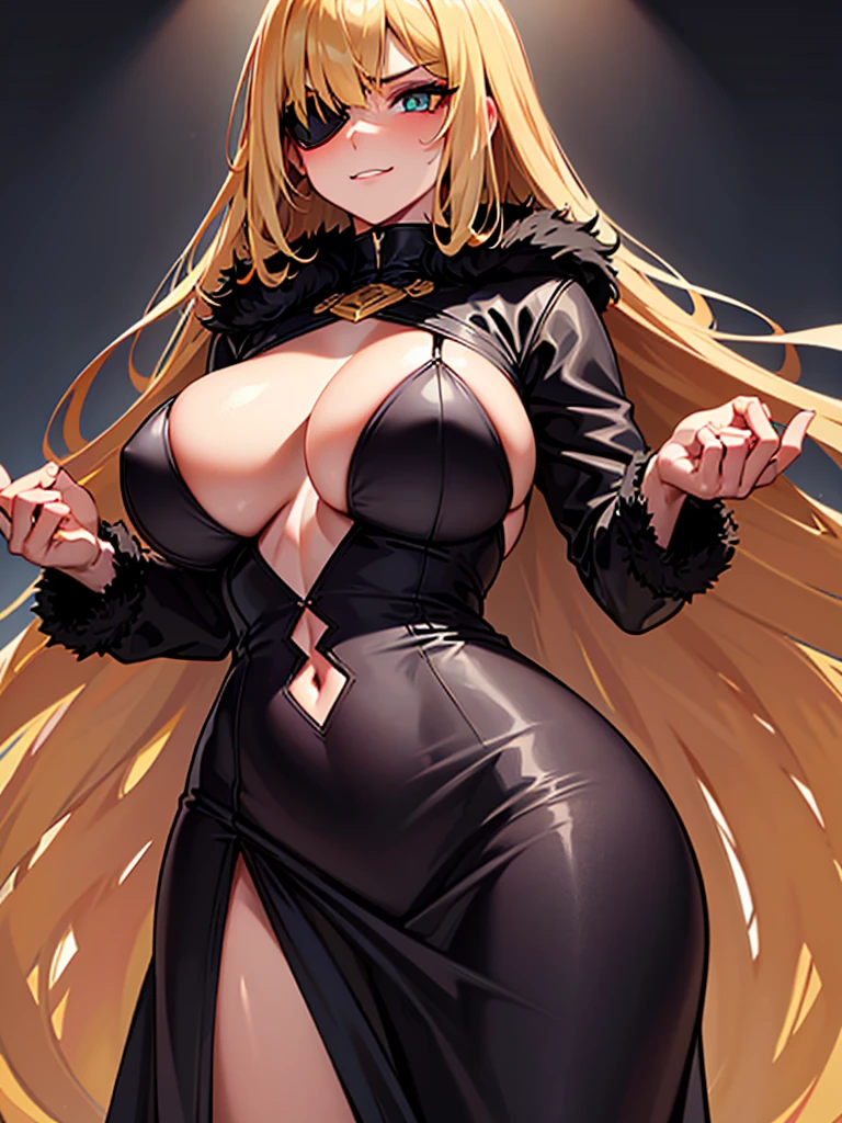 ((masterpiece)), ((best quality)), 1girl, adult, long hair, big bust, ((blonde hair)), very long blonde hair, ((intimidant look)), ((close-up)), profile image, green eyes, black and red clothes, sexy, dark colors, brillant eyes, ((coat with fur)), ((wavy hair)), exposed skin, ((sexy pose)), ((intimidant look)), good anatomy, ((dark sage clothes)), ((straight cut bangs)), emotionless, intimidant, ((beautiful eyes)), dark background, close up, ((detailed eyes)), beautiful eyes, ((detailed face)), hair bang, frontal look, evil, relaxed, smile, magical goddess othinus, abs, detailed face, eyepatch, huge tits, full body, ((detailed))