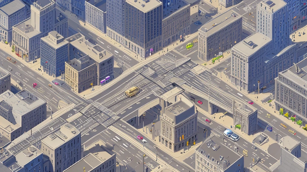 Straight road running horizontally through the center of the city, game concept, game map, pixel, pixel art, (straight road:1.2), paved road, night, detailed, horizontal, bird's eye view, modern city, front projection
