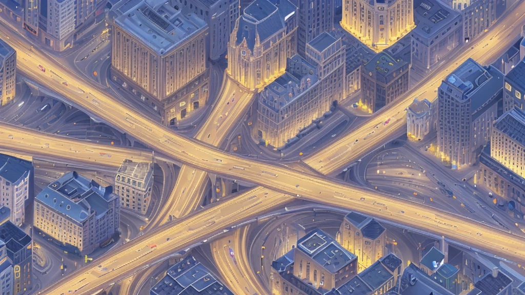 Straight road running horizontally through the center of the city, game concept, game map, pixel, pixel art, (straight road:1.2), paved road, night, detailed, horizontal, bird's eye view, modern city, front projection