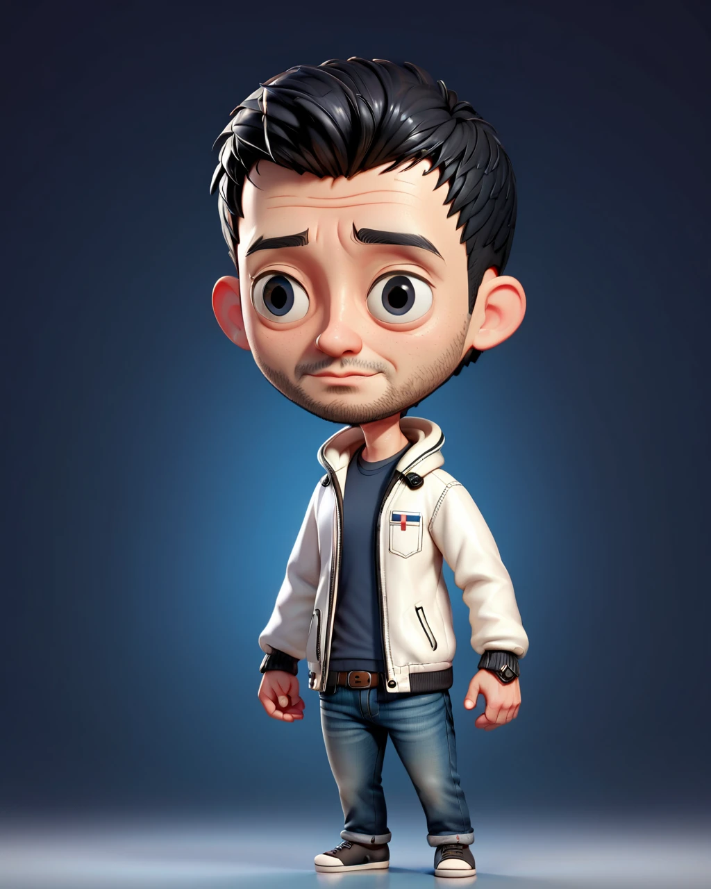 Caricature 3D Real cartoon style with a big head. A 25 year old man with short black hair, wearing a white t-shirt covered with a white jacket. Stand with cross arms pose.Dark blue background light gradient. 3D cartoon style, vibrant colors, smooth textures, detailed expression, 3D rendering, detailed face and skin texture.