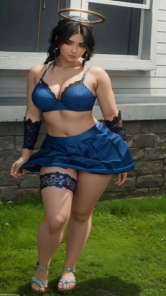 A beautiful girl full body, braided black hair, with blue bra, with a blue skirt and a halo over her head.