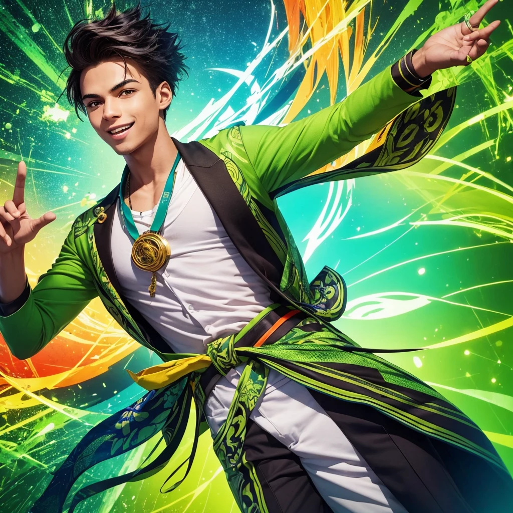 Create an image of a young male activist wearing vibrant green clothing. He should be in a dynamic, energetic pose, creatively inspiring and exciting a diverse group of people around him. The setting should be lively and colorful, reflecting a sense of enthusiasm and creativity. Include elements that highlight his charismatic and motivational personality, such as expressive gestures, an engaging smile, and vibrant surroundings filled with creativity and positive energy.