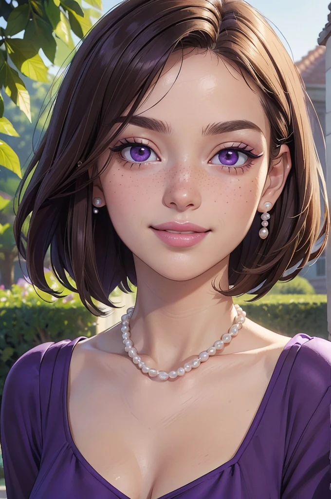 (((Masterpiece, Best Quality, High Resolution)))), Extremely detailed 8K, (Ultra HD, Ultra-detailed, Highly detailed, Highly realistic, Ultra-realistic, photograph realistic), (HD Quality), sharp focus, (Close up shot), , Beautiful face, Fair skin, Slight freckles, ((Purple eyes, doe eyes)), ((Classic eyeliner, Pink blush)), (((Dark brunette, thick french bob))), Pearl earrings and pearl necklace, (((Elegant silk purple top))), (looks directly at the camera, pretty smile), Mansion setting, Beautiful garden, (Focusing on the face, smooth skin texture, sun shining bright)
