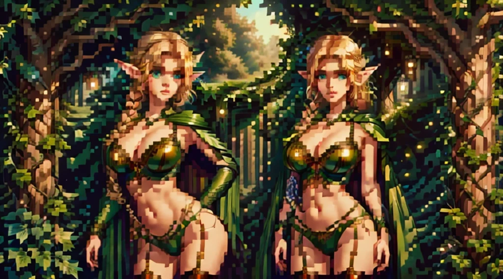 (masterpiece, best quality:1.2), 1girl, 8k, Full body view, standing, (detailed elf ear, Wood elf, 1 woman, elven featured face, seductive expression, massive bulging breast, beautiful green eyes, detailed eyes, braided blonde hair, thick hips, narrow shoulders, hourglass, thick blonde bush, camel toe, slingshot swimsuit), (leather green hooded cape, thin braided leather straps, gartered bustier and panty, elven designed outfit, gold laced ivy leaf pattern), (medieval setting, woodelf tree fort, ivy vines, oak forest, great oak background),