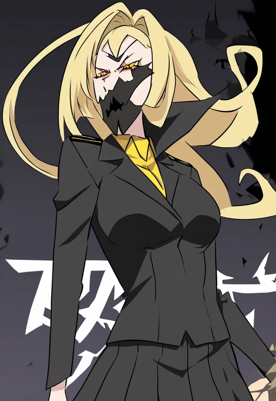 Make a evil military blonde anime woman in a dark skirt suit 