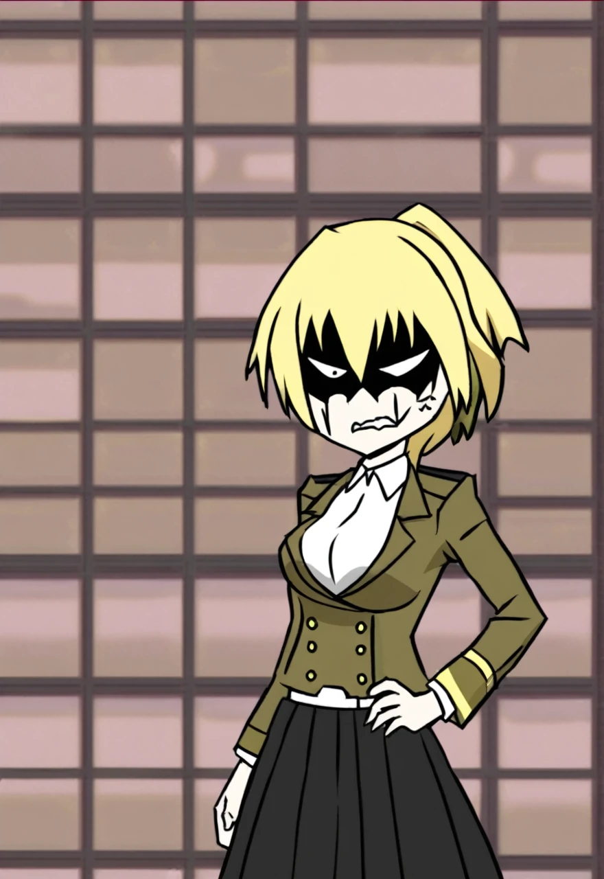 Make a evil military blonde anime woman in a dark skirt suit 