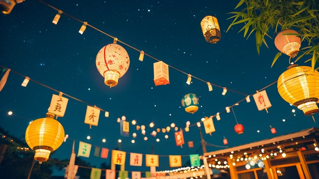 A lively Tanabata night with bamboo branches decorated with colorful ornaments and paper wishes. The night sky is vibrant with a river of stars, The Milky Way spreads out brilliantly. The stars sparkle like diamonds, Bamboo leaves sway gently. The lanterns emit a warm light, Enhance the festive atmosphere.
