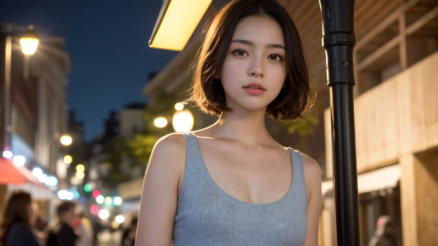 ((Highest quality, 8K, masterpiece: 1.3, RAW Photos)), Sharp focus: 1.2, (1. Aspa Girl: 1.2), (Realistic, photo-Realistic:1.37), (Face Focus: 1.1), Cute face, Small breasts, Flat Chest, short, Messy Hair, Full nudity, From below, Beautiful woman standing under the light of a street lamp, Cinema Lighting