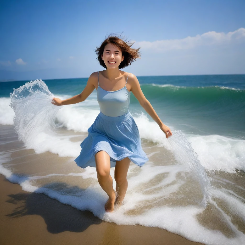 Chest size 34 inches, Wear sleeveless, light skirt. Portrait of a beautiful pretty woman with short stature , wearing a light skirt , Go far into the sea water and dip your toes., Short medium hair blowing in the wind, 1 woman, beautiful eyes, a little smile, Full-body photo taken from afar with a wide-angle lens, The background is neat and perfect.., the waves came in