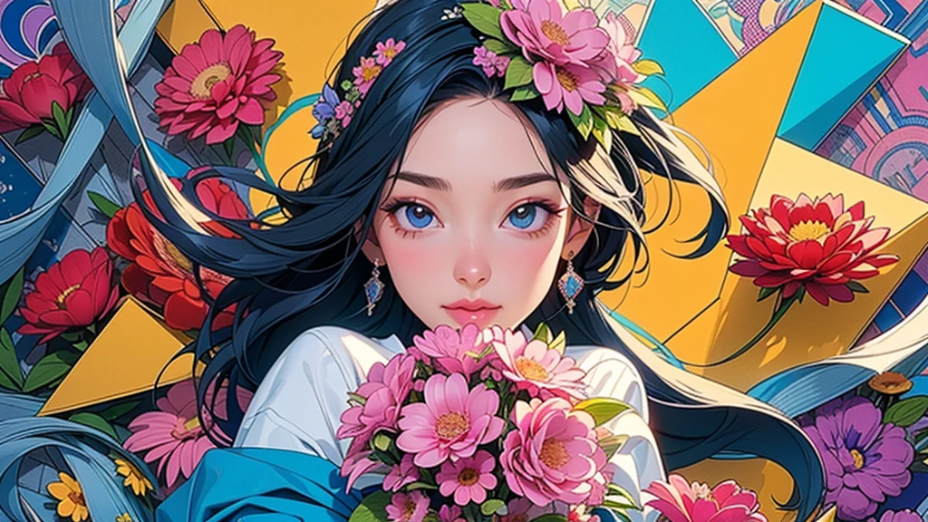 (ultra-Detailed Background, Detailed Background), Absurd, High resolution, Super detailed, Very detailed, One girl, (bouquet:1.3), (Tangled:1.2), (Geometric:1.2),(colorful),