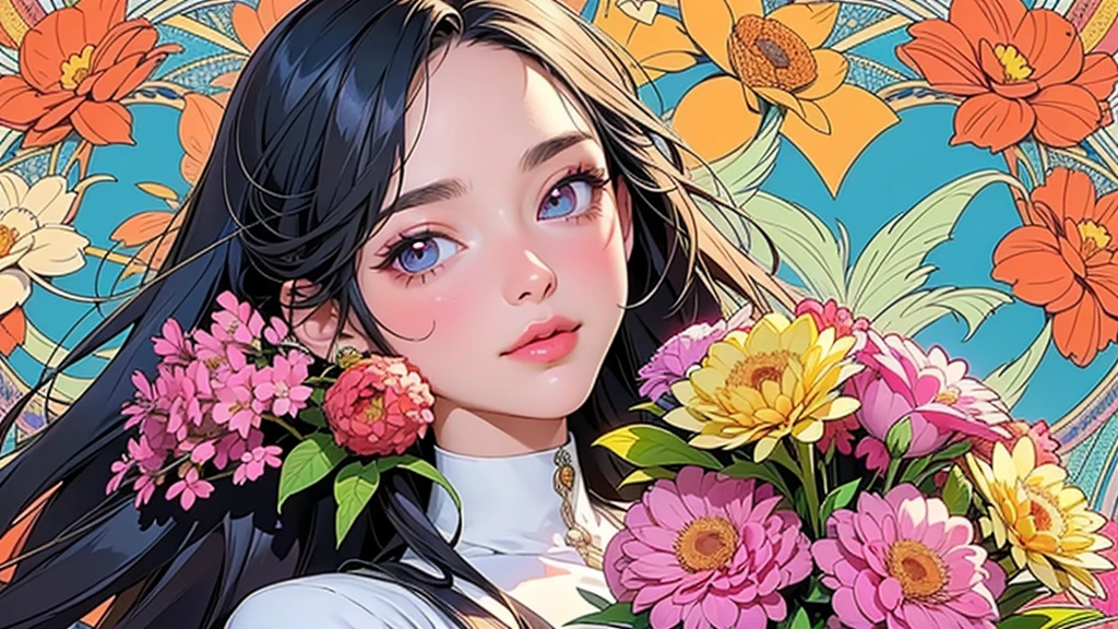 (ultra-Detailed Background, Detailed Background), Absurd, High resolution, Super detailed, Very detailed, One girl, (bouquet:1.3), (Tangled:1.2), (Geometric:1.2),(colorful),