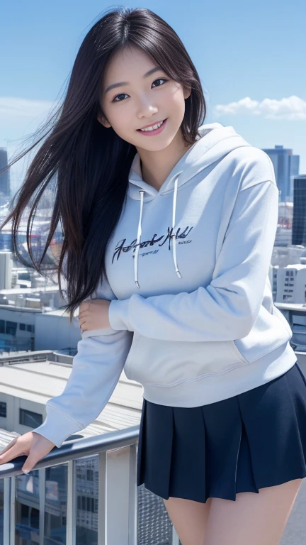 (masterpiece:1.3), (8K, Photorealistic, RAW Photos, Best image quality: 1.4),20 year old cute Japan woman、(Long Hair)、(Perfect body)、(Perfect proportions)、Super detailed face、double eyelid、Sharp focus:1.2、Jet Black Hair、Straight Hair、Highest quality、masterpiece、Ultra-high resolution、(Photorealistic:1.4)、(hoodie)、(Flared mini skirt)、whole body, Long legs、Highly detailed face, Beautiful Eyes, double eyelid、Are standing、sunny、Bend over and peer at me、smile、Tokyo cityscape、Outdoor、blue sky