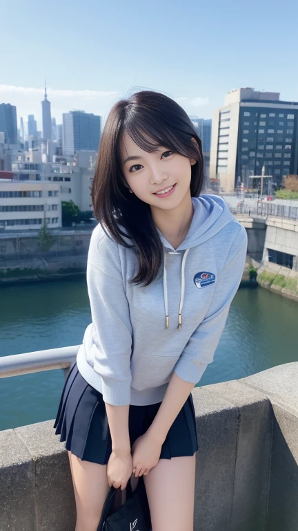 (masterpiece:1.3), (8K, Photorealistic, RAW Photos, Best image quality: 1.4),20 year old cute Japan woman、(Long Hair)、(Perfect body)、(Perfect proportions)、Super detailed face、double eyelid、Sharp focus:1.2、Jet Black Hair、Straight Hair、Highest quality、masterpiece、Ultra-high resolution、(Photorealistic:1.4)、(hoodie)、(Flared mini skirt)、whole body, Long legs、Highly detailed face, Beautiful Eyes, double eyelid、Are standing、sunny、Bend over and peer at me、smile、Tokyo cityscape、Outdoor、blue sky