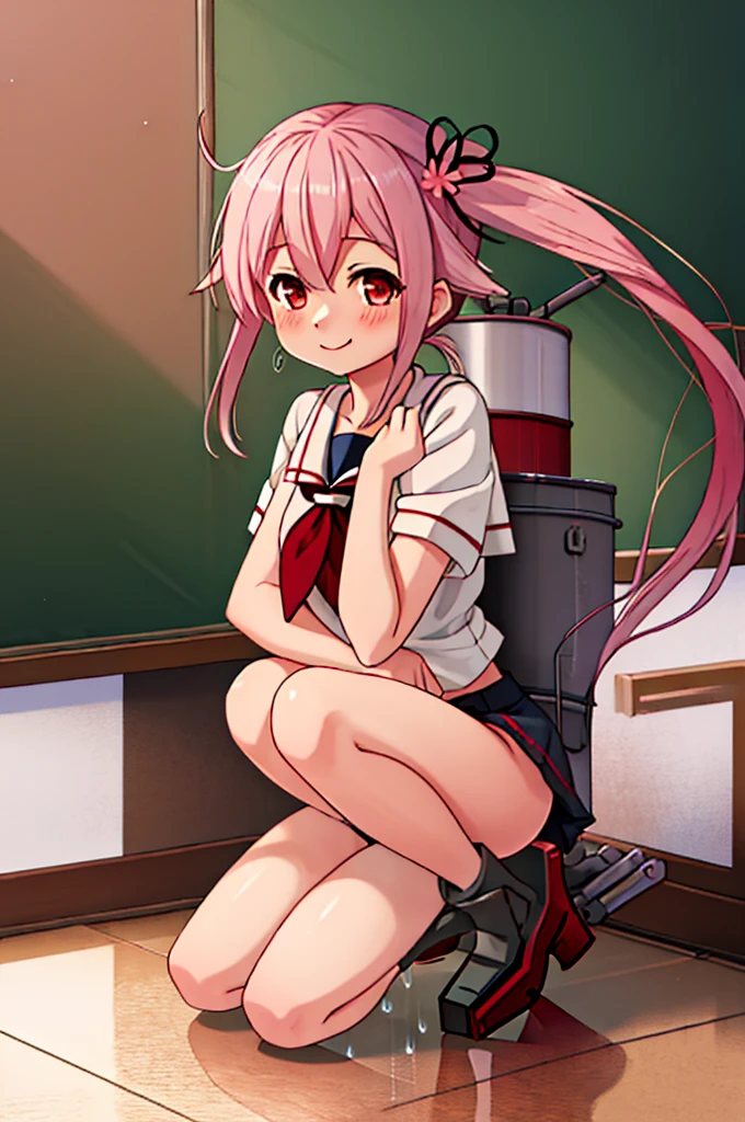 Highest quality, masterpiece, High resolution, 1 Girl, (Kantai Collection)(Spring Rain Kantai Collection:1.15), Brown Hair, Red eyes,  smile, Slender body, Full body portrait,Pink Hair, Side Ponytail, Classroom Background, Slender body, Full body portrait, Classroom Background, Slender body, Full body portrait, , (panties), (good), Squat, ((In underwear)), Flat Chest, Small breasts