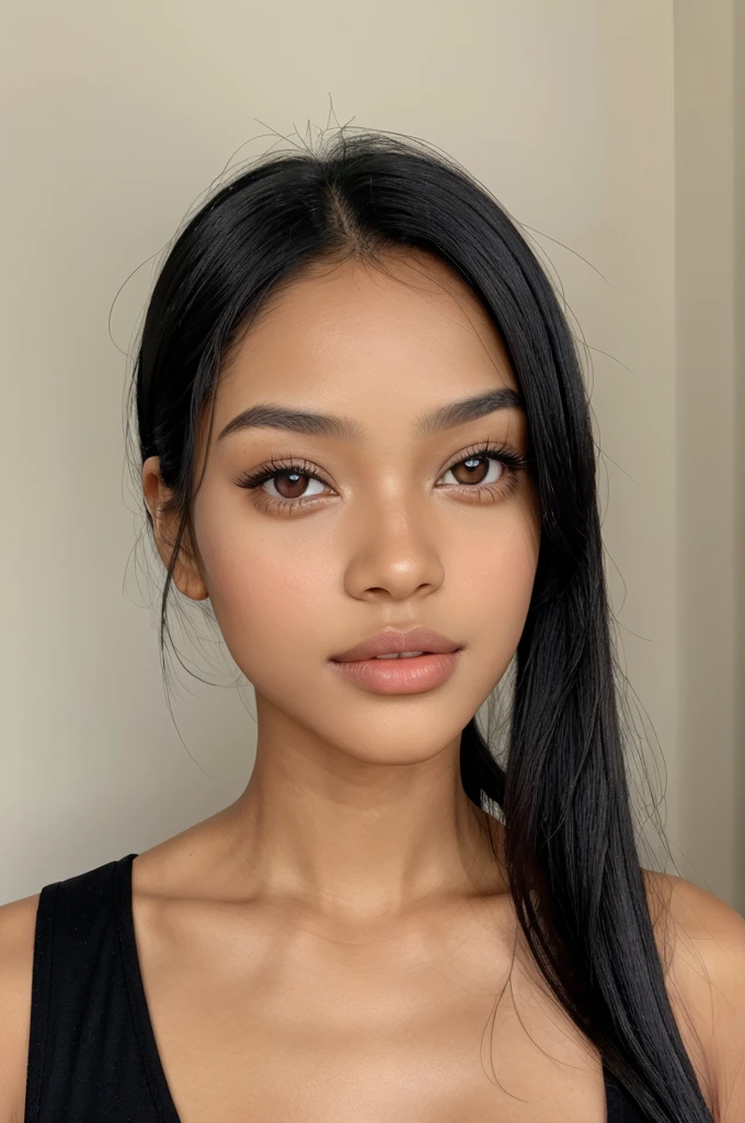 A girl with honey skin tone almond eyes full lips and straight black hair