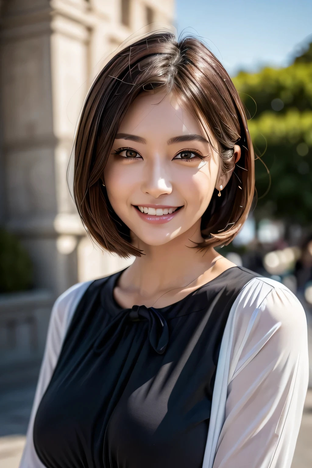 ((masterpiece)), ((Highest quality)), ((Complex)), ((Surreal)), (Realistic), (Mature Woman), ((There are no classes)), Very detailed, (1 female), Beautiful and exquisite, (Beautiful Teeth), Grin, Brunette Bob Hair, Brown eyes, ((blouse)), (Upper Body), (background:none), Perfect Eyes, Captivating eyes, Looking at the audience