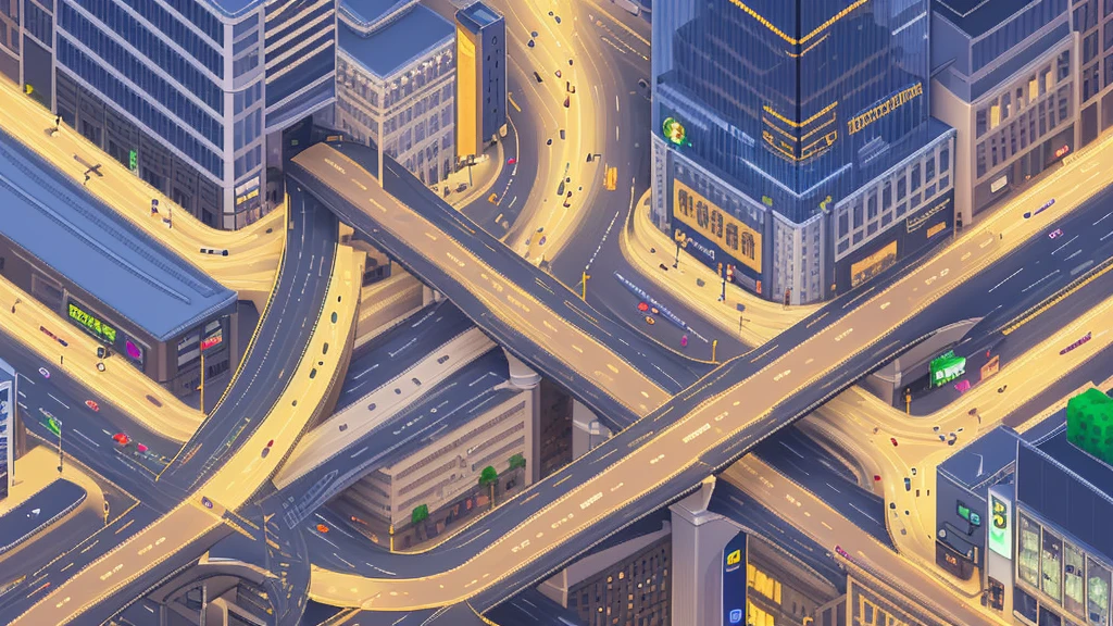 Straight road running horizontally through the center of the city, game concept, game map, pixel, pixel art, (straight road:1.2), paved road, night, detailed, horizontal, bird's eye view, modern city, front projection