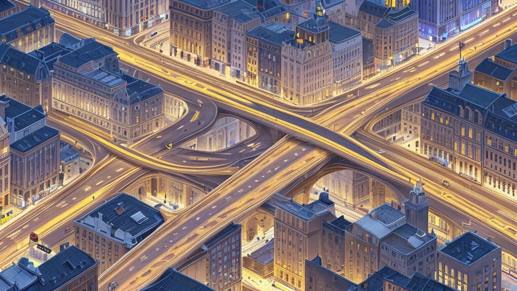 Straight road running horizontally through the center of the city, game concept, game map, pixel, pixel art, (straight road:1.2), paved road, night, detailed, horizontal, bird's eye view, modern city, front projection