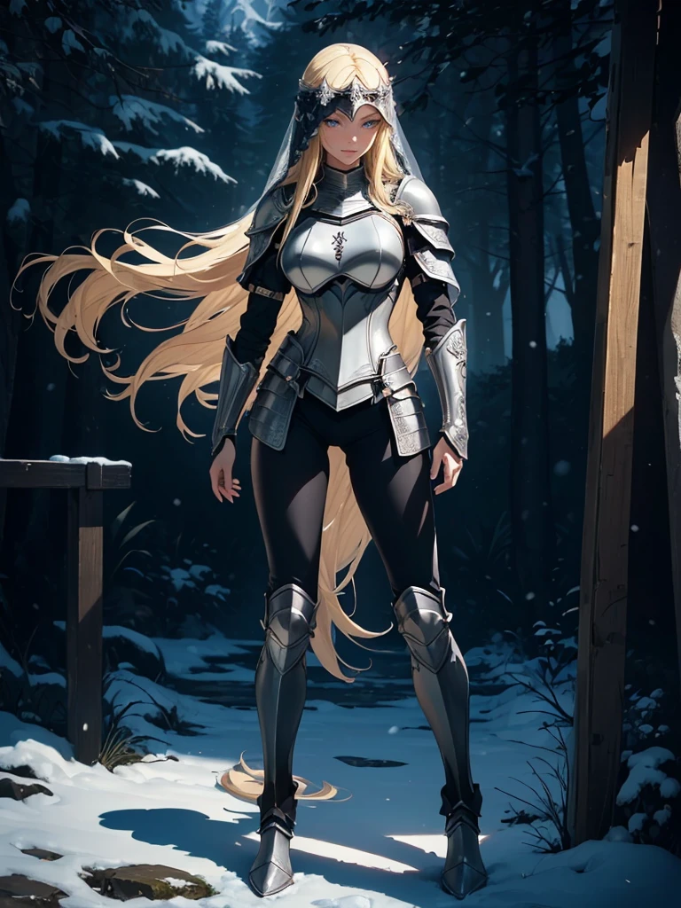 ((1girl, solo)), beautiful body, (perfect anatomy, perfect body, perfect hands, perfect legs), (five fingers:1.5), natural proportions, sexy body, large breasts, cowboy shot BREAK
((extremely detailed face)), (beautiful detailed eyes:1.6), (realistic pupils, realistic iris:1), expressive eyes, looking at viewer, (clear eyes:1.3), (hyperrealistic:1.2), (detailed skin texture:1.2), smooth skin, (blonde hair:1.5), blue eyes, long hair, (detailed lips:1.2), (attractive lips:1.1), (glossy lips:1.1), (grin), perfect face, perfect eyes BREAK
female knight, (veil:1.5), long sleeves, (armor:1.5), (breastplate:1.5), (shoulder armor:1.2), (arm guard:1.3), armor gloves, (black pants:1.5), skin tight, (((pelvic curtain))), (greaves:1.3), armored boots, belt BREAK
(outdoors:1.5), (day:1.3), (winter:1.3), trees, (shade of trees:1.2), (snow), mountain range, medieval BREAK
(masterpiece:1.5), anime-style, top quality, best quality, (beautiful and aesthetic:1.2), (ultra detail:1.5), Ultra-detailed depiction, Ultra-precise depiction, extremely detailed 8k illustration, high resolution, (highly detailed shading:1.2), (realistic lighting:1.4), perfect lighting, vibrant colors, dynamic tones, striking hues, 8k, absurd resolution, perfect shadows, hdr, UHD, ambient lighting, realistic, ultra-realistic, photo realistic, highly detailed, rich detail, luminous colors, fine texture, intricate design, professional illustration, (soft light:1.2), (illustration:0.7)
