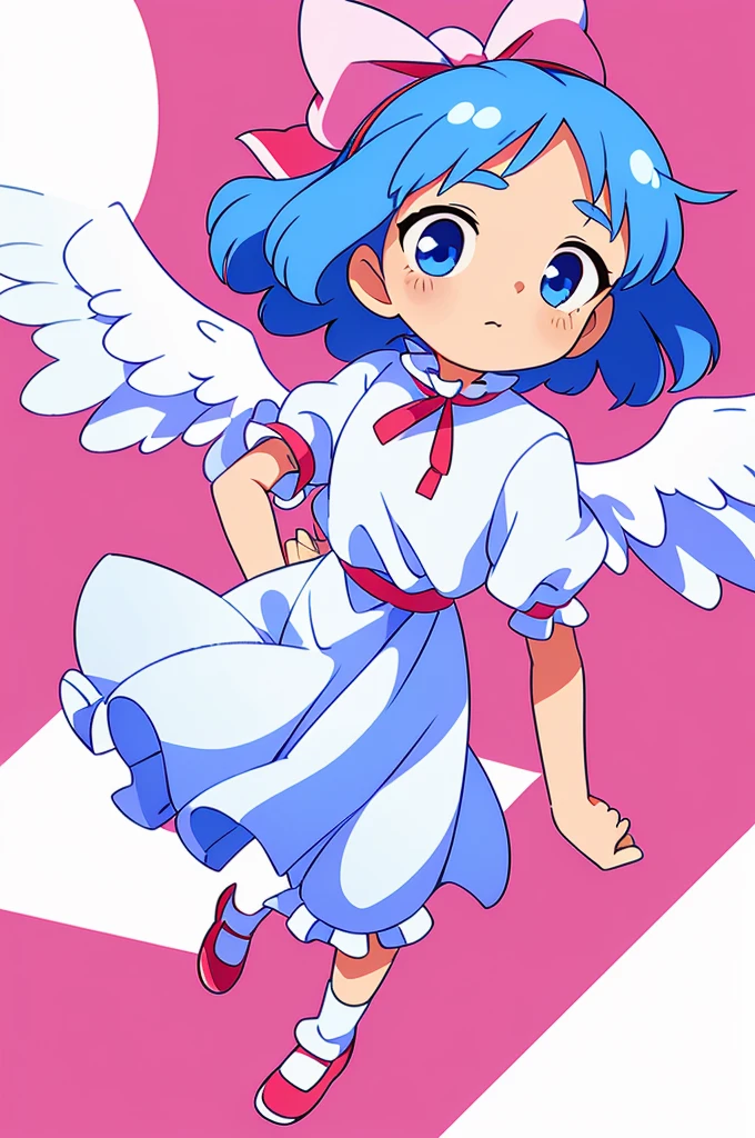 masterpiece, best quality, 1girl, , , , medium blue hair, hair flaps, pink ribbon on head, well-formed face, blue eyes, angel girl, white blouse, puffy short sleeves, red ribbon, angel wings, long white skirt, red shoes, frills, ribbon head