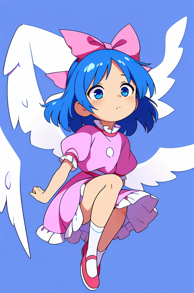masterpiece, best quality, 1girl, , , 10 years old, medium blue hair, hair flaps, pink ribbon on head, well-formed face, blue eyes, angel girl, white blouse, puffy short sleeves, red ribbon, angel wings, long white skirt, red shoes, frills, ribbon head
