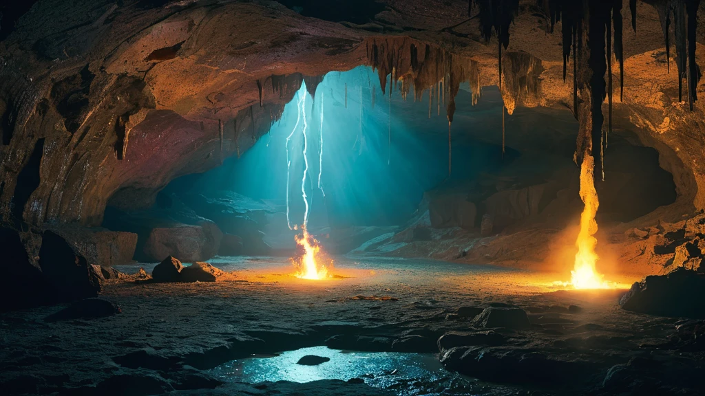 Create an image of a desolate cave where an unclothed body lies, surrounded by the cold and damp darkness. The cave is dimly lit by a flickering torch mounted on the rocky wall, casting long shadows that dance across the rough, uneven floor. Stalactites and stalagmites frame the scene, emphasizing the ancient and secluded nature of the cave.
The body, sprawled on the ground with limbs twisted unnaturally, appears pale and lifeless against the muted hues of the cave's interior. The skin is pallid, highlighting the stark contrast between flesh and the rugged texture of the stone surroundings. Drops of moisture trickle down from the cave ceiling, adding to the somber and melancholic ambiance of the scene.
This image prompts viewers to ponder the unsettling discovery of the unclothed body in such a remote and inhospitable environment, inviting speculation about the circumstances leading to this mysterious and haunting tableau.