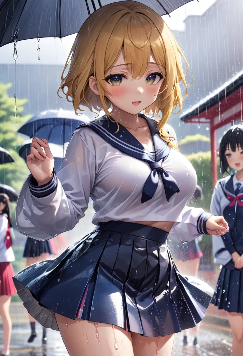 (high quality)、(details)、(nsfw),(japanese highschool uniform),soaking with rain,
(beautiful face)、(detail face)、(blush)、((shy))、
(dance)、((skirt))、(hiding skirt with hands))、
(big boobs)