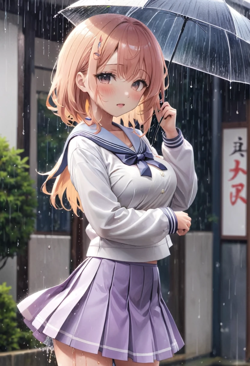 (high quality)、(details)、(nsfw),(japanese highschool uniform),soaking with rain,
(beautiful face)、(detail face)、(blush)、((shy))、
(dance)、((skirt))、(hiding skirt with hands))、
(big boobs)