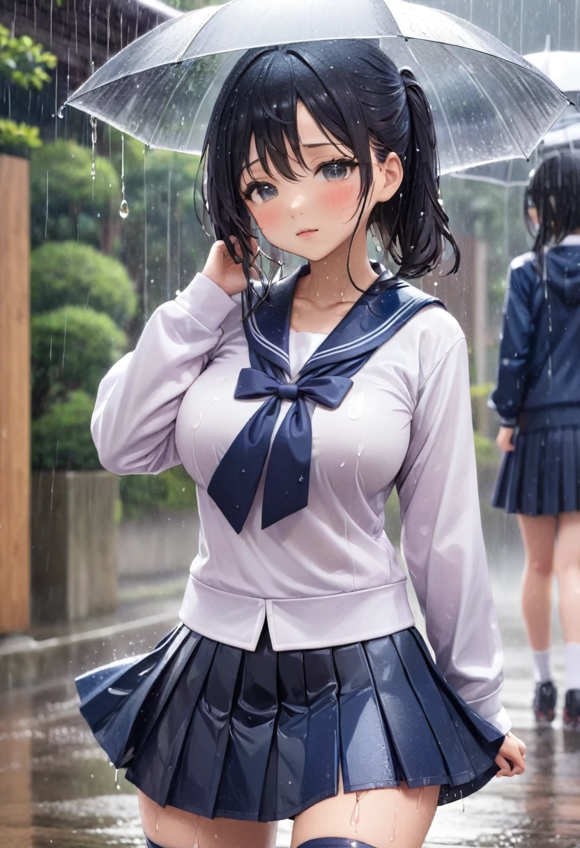 (high quality)、(details)、(nsfw),(japanese highschool uniform),soaking with rain,
(beautiful face)、(detail face)、(blush)、((shy))、
(dance)、((skirt))、(hiding skirt with hands))、
(big boobs)