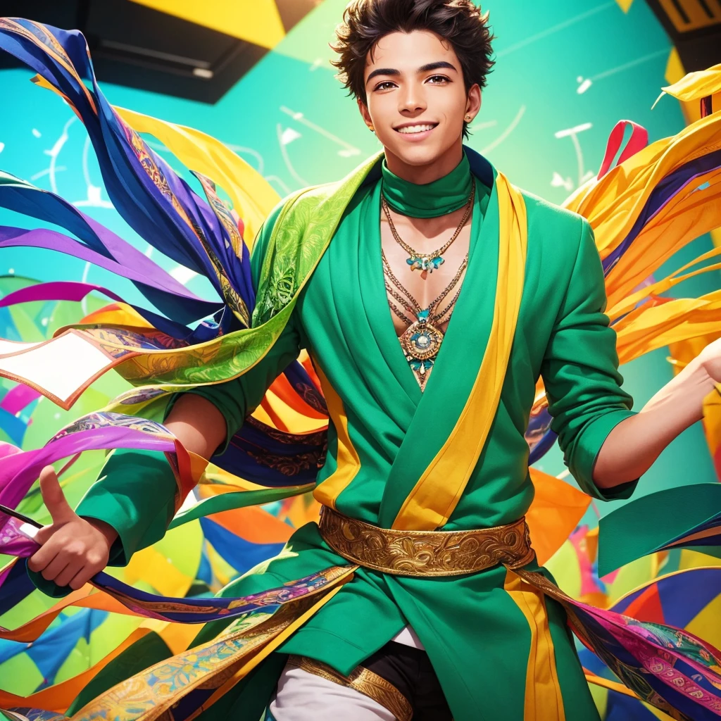 Create an image of a young male activist wearing vibrant green clothing. He should be in a dynamic, energetic pose, creatively inspiring and exciting a diverse group of people around him. The setting should be lively and colorful, reflecting a sense of enthusiasm and creativity. Include elements that highlight his charismatic and motivational personality, such as expressive gestures, an engaging smile, and vibrant surroundings filled with creativity and positive energy.