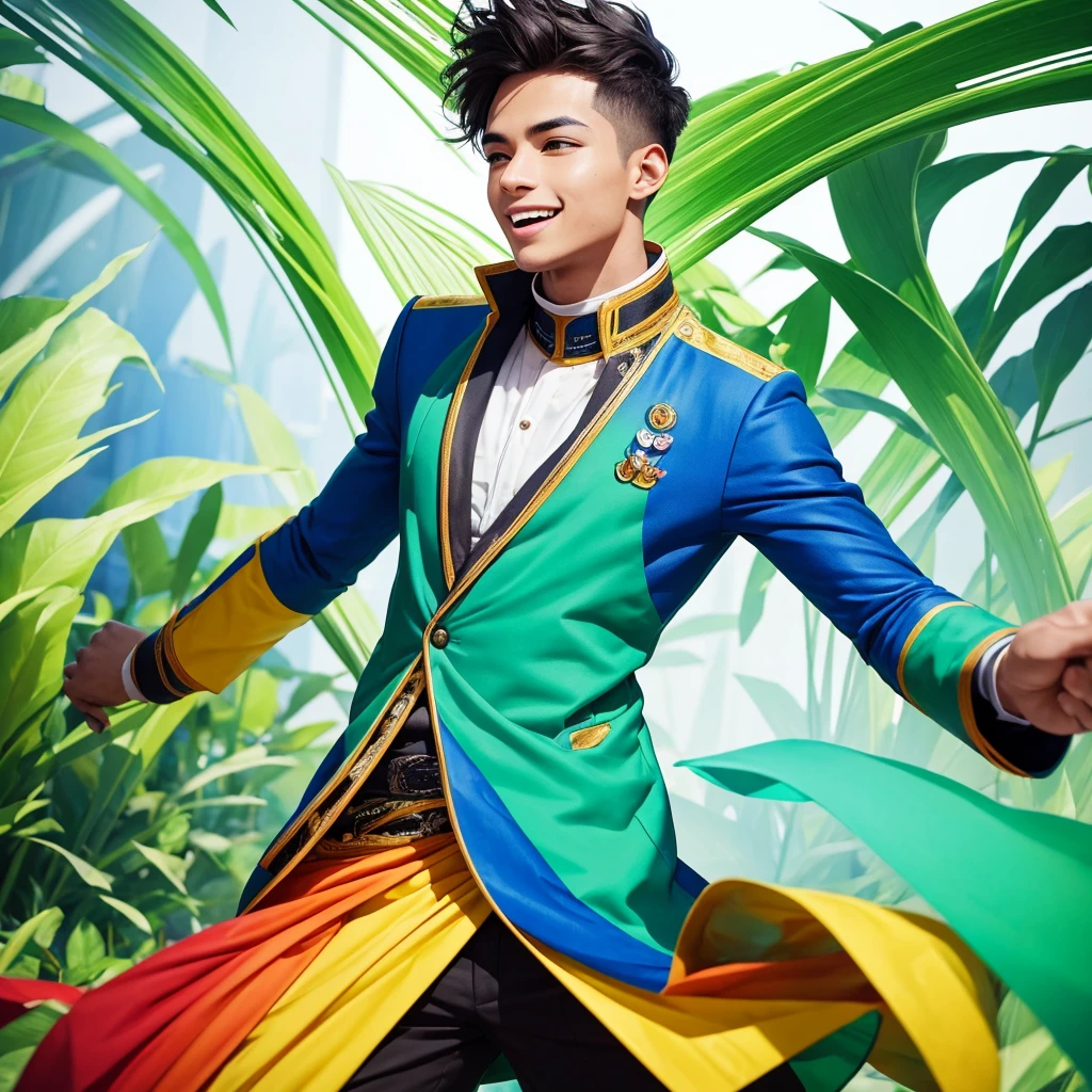 Create an image of a young male activist wearing vibrant green clothing. He should be in a dynamic, energetic pose, creatively inspiring and exciting a diverse group of people around him. The setting should be lively and colorful, reflecting a sense of enthusiasm and creativity. Include elements that highlight his charismatic and motivational personality, such as expressive gestures, an engaging smile, and vibrant surroundings filled with creativity and positive energy.