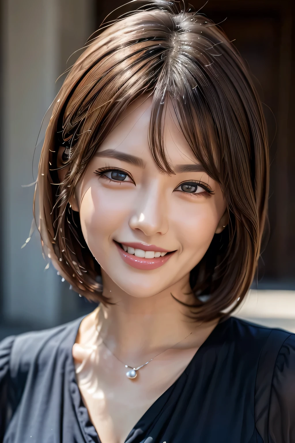 ((masterpiece)), ((Highest quality)), ((Complex)), ((Surreal)), (Realistic), (Mature Woman), ((There are no classes)), Very detailed, (1 female), Beautiful and exquisite, (Beautiful Teeth), Grin, Brunette Bob Hair, Brown eyes, ((blouse)), (Upper Body), (background:none), Perfect Eyes, Captivating eyes, Looking at the audience