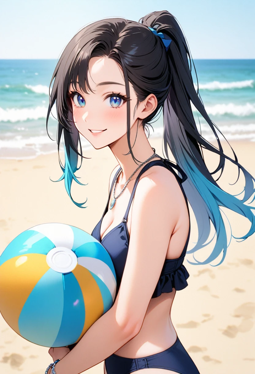 A young woman, 21-years-old, solo, Caucasian, black hair, cyan hair, gradient hair, multicolored hair, ponytail, two-tone hair, blue eyes, cheerful smile, lip parted, mature face, dark blue bikini top, dark blue bikini bottom, midriff, holding a beachball, beach, thin silver necklace, white bracelet