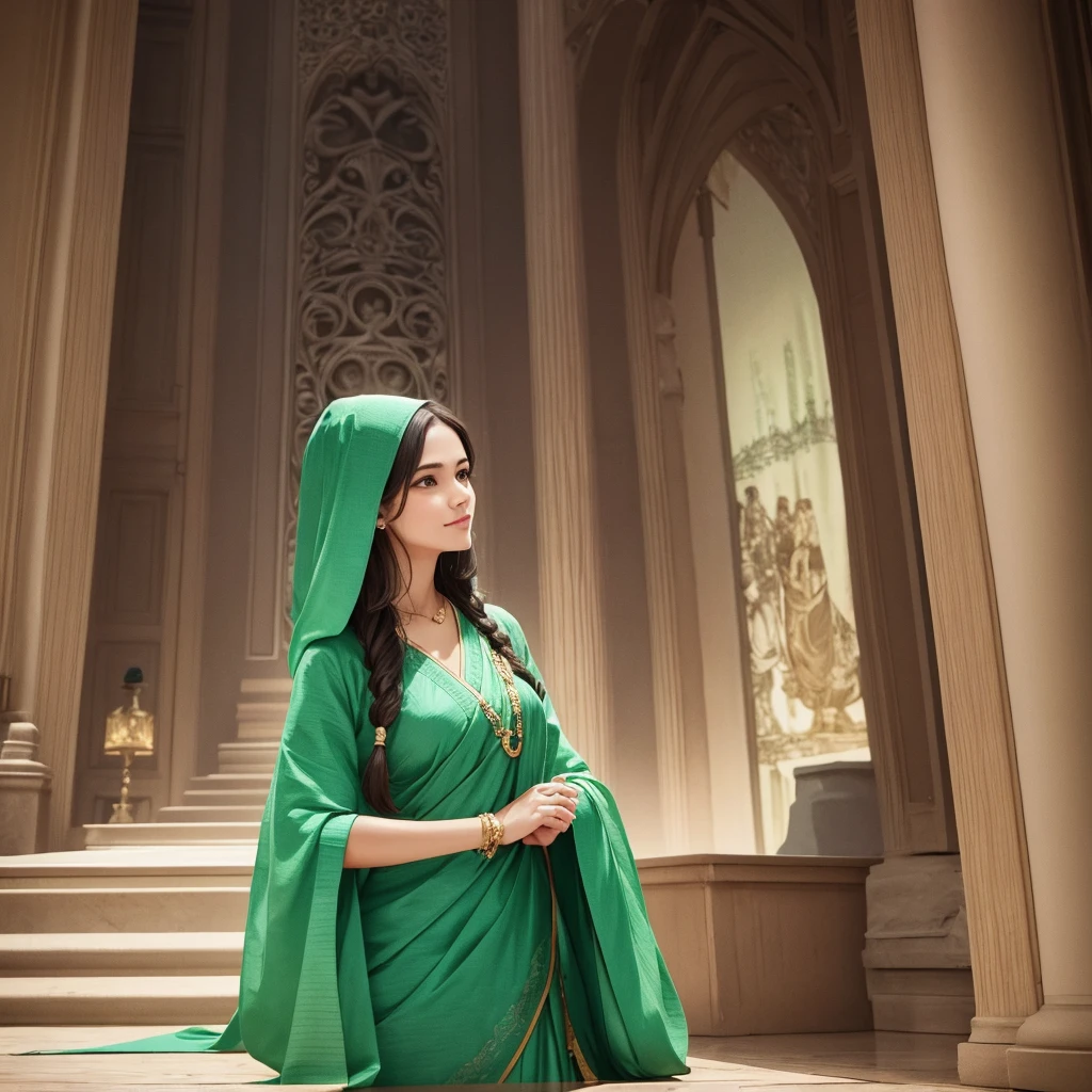 Generate an image of a female advocate wearing a green outfit. She should exude empathy and demonstrate a divine level of responsiveness. The image should capture her interacting with others in a compassionate and understanding manner, emphasizing her nurturing and supportive personality traits.