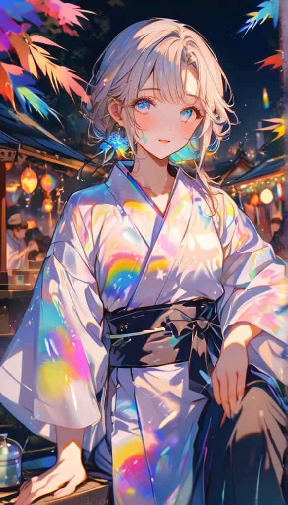 Tanabata、Strip、Bamboo leaf、Stripに願いをこめて、Stripを持っている、Grilling in a yukata,fluid,Particles of light, dream-like,Sparkling,dream-like glow,Paint drips,oil,strong stroke,Paint drips,Splash Paint Drop, oil,(Abstract:1.2)A girl and a boy made up of(Tanabataライトトレース:1.25),Change to (Radioluminescence light tracking) スタイルTanabata,They are Orihime and Hikoboshi(Cowboy Shot,Above Knee Portrait:1.25),Temple Fair,Summer festival,Shining in rainbow colors、16K, Ultra-high resolution, to be born,wonderful ,future、Iridescent、The world 30 years from now。