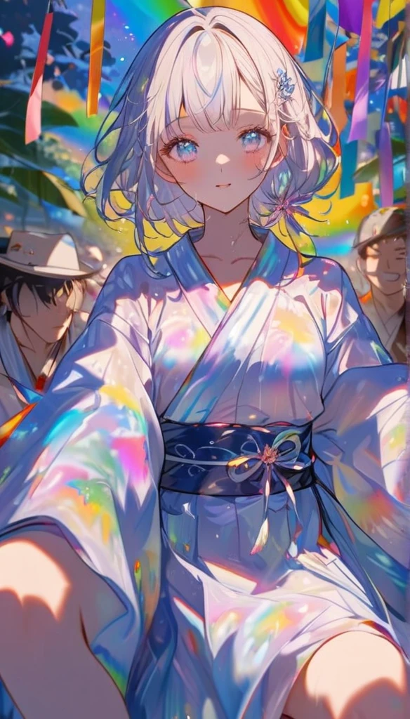 Tanabata、Strip、Bamboo leaf、Stripに願いをこめて、Stripを持っている、Grilling in a yukata,fluid,Particles of light, dream-like,Sparkling,dream-like glow,Paint drips,oil,strong stroke,Paint drips,Splash Paint Drop, oil,(Abstract:1.2)A girl and a boy made up of(Tanabataライトトレース:1.25),Change to (Radioluminescence light tracking) スタイルTanabata,They are Orihime and Hikoboshi(Cowboy Shot,Above Knee Portrait:1.25),Temple Fair,Summer festival,Shining in rainbow colors、16K, Ultra-high resolution, to be born,wonderful ,future、Iridescent、The world 30 years from now。