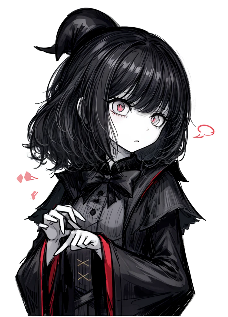 1girl, pale skin, black hair, magician, pretty clothes, (high resolution, high detail, ter quality),
black background, shy