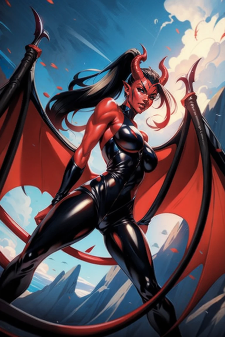 Red skin succubus tiefling, medium breasts, black horns, wings, huge tail, black leather, tall, toned, graceful, thin, long black ponytail. Action scene, shotgun.