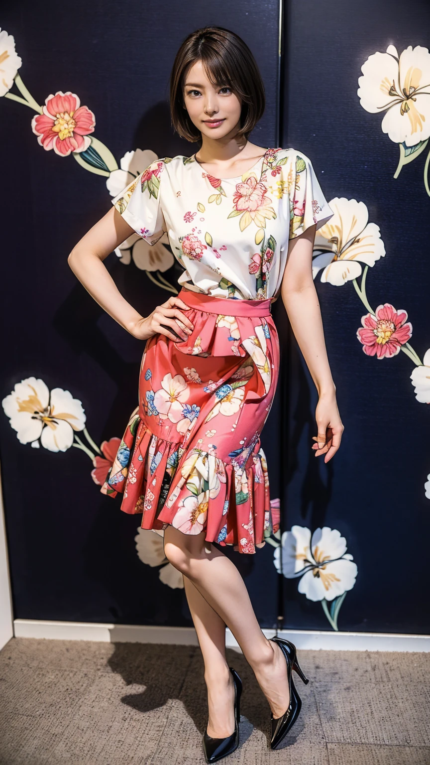 ((masterpiece)),(((Highest quality))),Thin thighs,Long legs,whole body:1.5,(One Girl:1.3),(Black pantyhose and thick pointy heels:1.3),(Wearing a floral print mid-long flared skirt dress:1.2),Short blonde hair:1.2、Model pose,