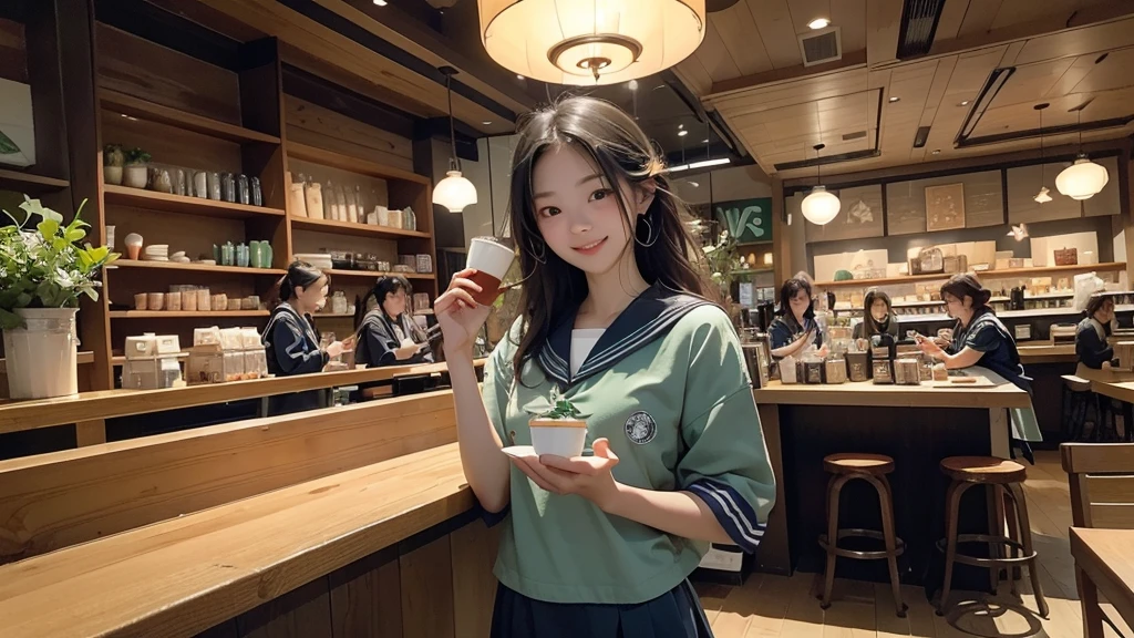 8K、RAW Photos、Highest quality、Super detailed、Super Resolution、Ultra HD、8K壁紙、Amazing details
(((((Inside the Starbucks store、16 year old high school girl in sailor suit)))))、((((Eat cake、Drink coffee、smile))))、Heart Necklace
((Emphasize cleavage))
Modern and sleek design:Many of the interior designs are warm and made using wood and metal.、We value natural materials。
Large windows:自然光を取り入れるためのLarge windowsがあり、Creating a bright and open space。
Green Interior:Potted plants are effectively placed、We create a relaxing space。
artwork:Artworks by local artists、Starbucks themed art on display。
Cozy seating:Cushioned chairs and sofas、indivual々A variety of seating options are available to suit your needs.。
Open kitchen area:Being able to see how drinks and food are made、Give your customers peace of mind and transparency。
Unique lighting:Antique lamps and chandeliers、Modern lighting fixtures are used、Enhances the atmosphere in the store。
Comfortable background music:Relaxing music playing、We offer a comfortable space。