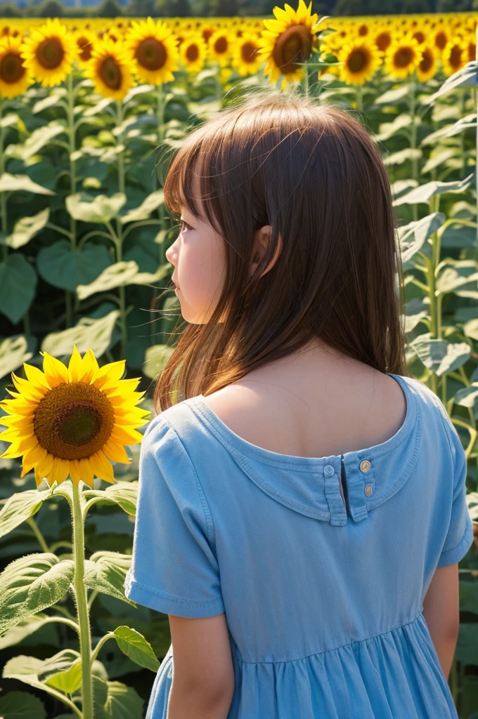 Sunny day　Tall sunflower field　An  gazing at sunflowers from below