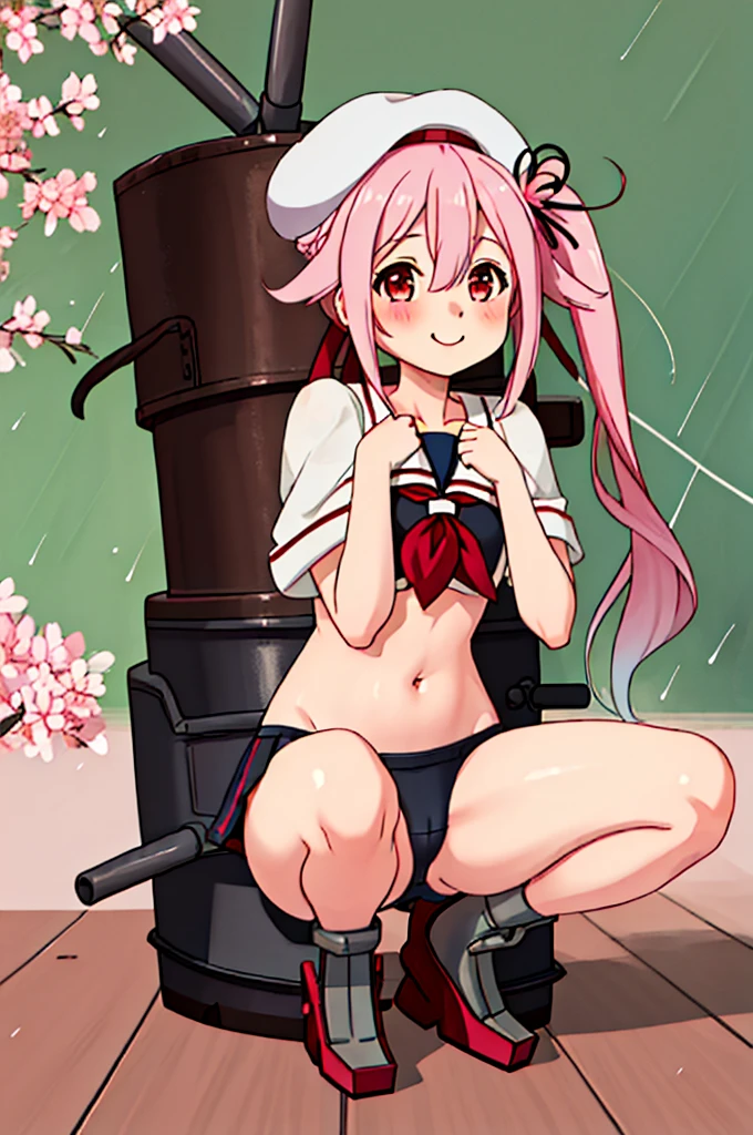 Highest quality, masterpiece, High resolution, 1 Girl, (Kantai Collection)(Spring Rain Kantai Collection:1.15), Brown Hair, Red eyes,  smile, Slender body, Full body portrait,Pink Hair, Side Ponytail, Classroom Background, Slender body, Full body portrait, Classroom Background, Slender body, Full body portrait, , (panties), (good), Squat, ((In underwear)), Flat Chest, Small breasts