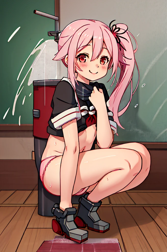 Highest quality, masterpiece, High resolution, 1 Girl, (Kantai Collection)(Spring Rain Kantai Collection:1.15), Brown Hair, Red eyes,  smile, Slender body, Full body portrait,Pink Hair, Side Ponytail, Classroom Background, Slender body, Full body portrait, Classroom Background, Slender body, Full body portrait, , (panties), (good), Squat, ((In underwear)), Flat Chest, Small breasts