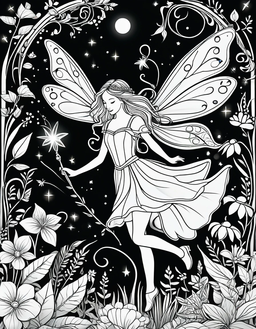 Create a series of black and white line drawings depicting A fairy drawing magical symbols in the air with a glowing wand. Include elements such as delicate fairy wings, ethereal glow from magical plants, tiny fairy houses nestled among flowers, and intricate patterns of vines and leaves. The scenes should evoke a sense of enchantment and wonder, suitable for children's coloring books.