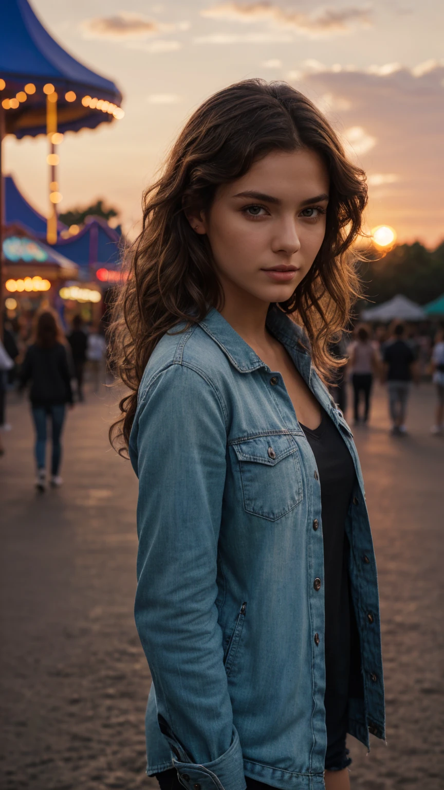 Photorealistic portrait of a young European model with big, curly brown hair, wearing trendy street clothes, shown in an intermediate shot capturing her confident posture, 6k resolution, intricate details in the texture of her hair and clothes, against the backdrop of an amusement park, enhanced by the soft lighting of the sunset.