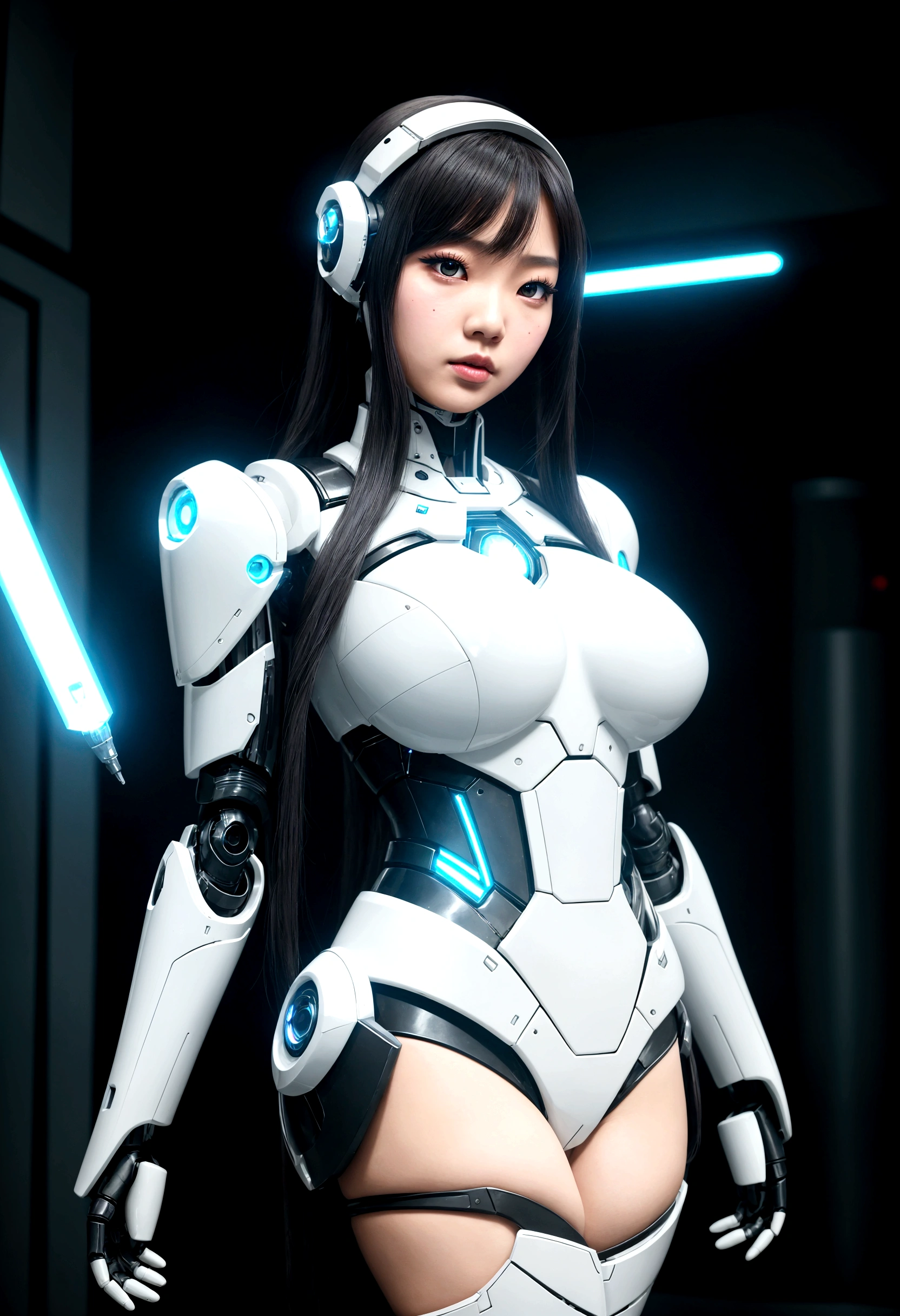 asian woman, standing, stop FRONT VIEW, tez blanca, korean, tits, futuristic clothing, modern outfit provided, NO DEFORMATIONS, beautiful, robot, cyborg, android, light, laser, League of Legends, splah art, sexy, the payment, chrome, Metal, FNAF, Animatronic, White y negro, shadows, contrast, linda, beauty, goddess, kpop, Twice, Blackpink, warframe, robots, EVERGLOW, Aespa, idol, star wars, steel, iron, Metal, the payment, Dark, lingerie, Dorado, gold, lights, trails, cables, wires, doll, doll, doll, haydee. neutral background, armor, haydee, hair without bangs, hair on the sides, long straight hair, hair without bangs, hair on the sides, White, White, oppai, big tits, big tits, throw, general, DIRECTOR, big breast, lights, light blue, celeste lights,