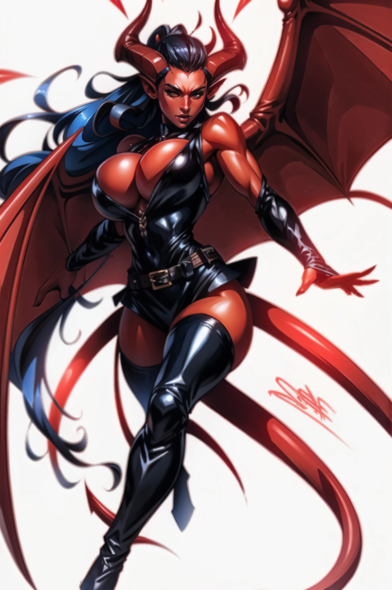 Red skin succubus tiefling, medium breasts, black horns, wings, huge tail, black leather, tall, toned, graceful, thin, long black ponytail. Action scene, shotgun.